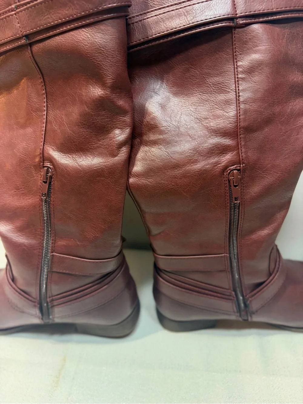 JustFab Wine-Red Tall Riding Boots with Knit Cuff & Buckle Details